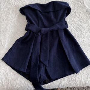 Selfie Leslie Midnight Blue Strapless Faux Suede Belted Romper small
